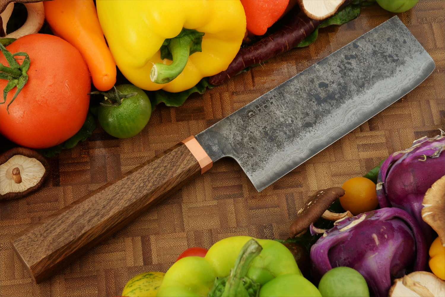 Damascus San Mai Nakiri (6 In.) With Walnut And Copper 1 Damascus San Mai Nakiri (6 In.) With Walnut And Copper