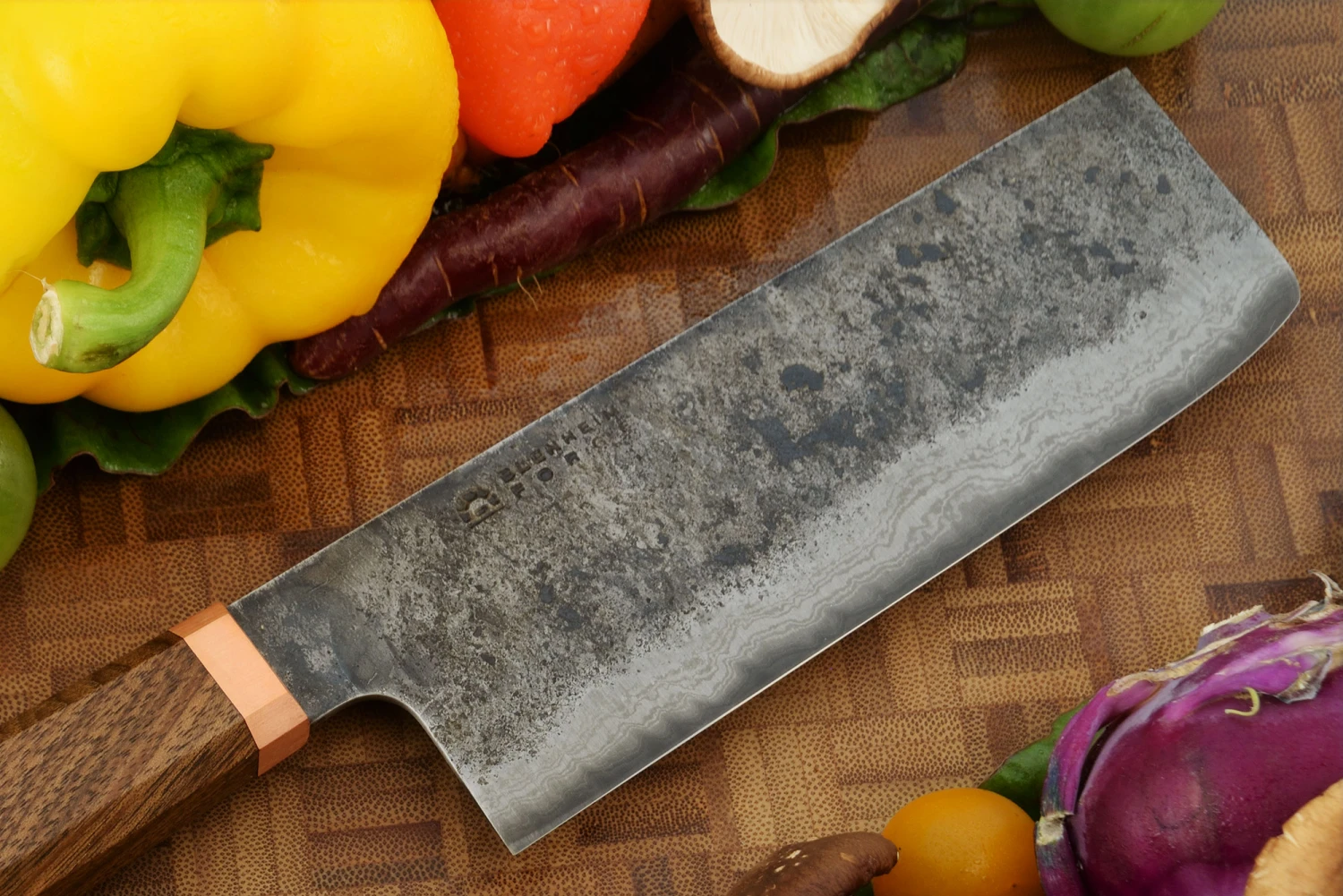 Damascus San Mai Nakiri (6 In.) With Walnut And Copper 2 Damascus San Mai Nakiri (6 In.) With Walnut And Copper - Image 2