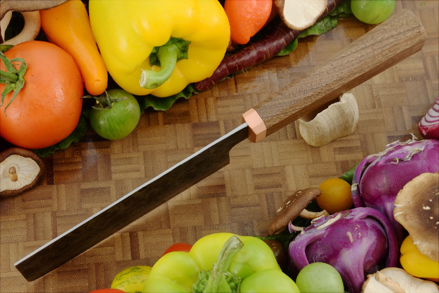 Damascus San Mai Nakiri (6 In.) With Walnut And Copper 4 Damascus San Mai Nakiri (6 In.) With Walnut And Copper - Image 4