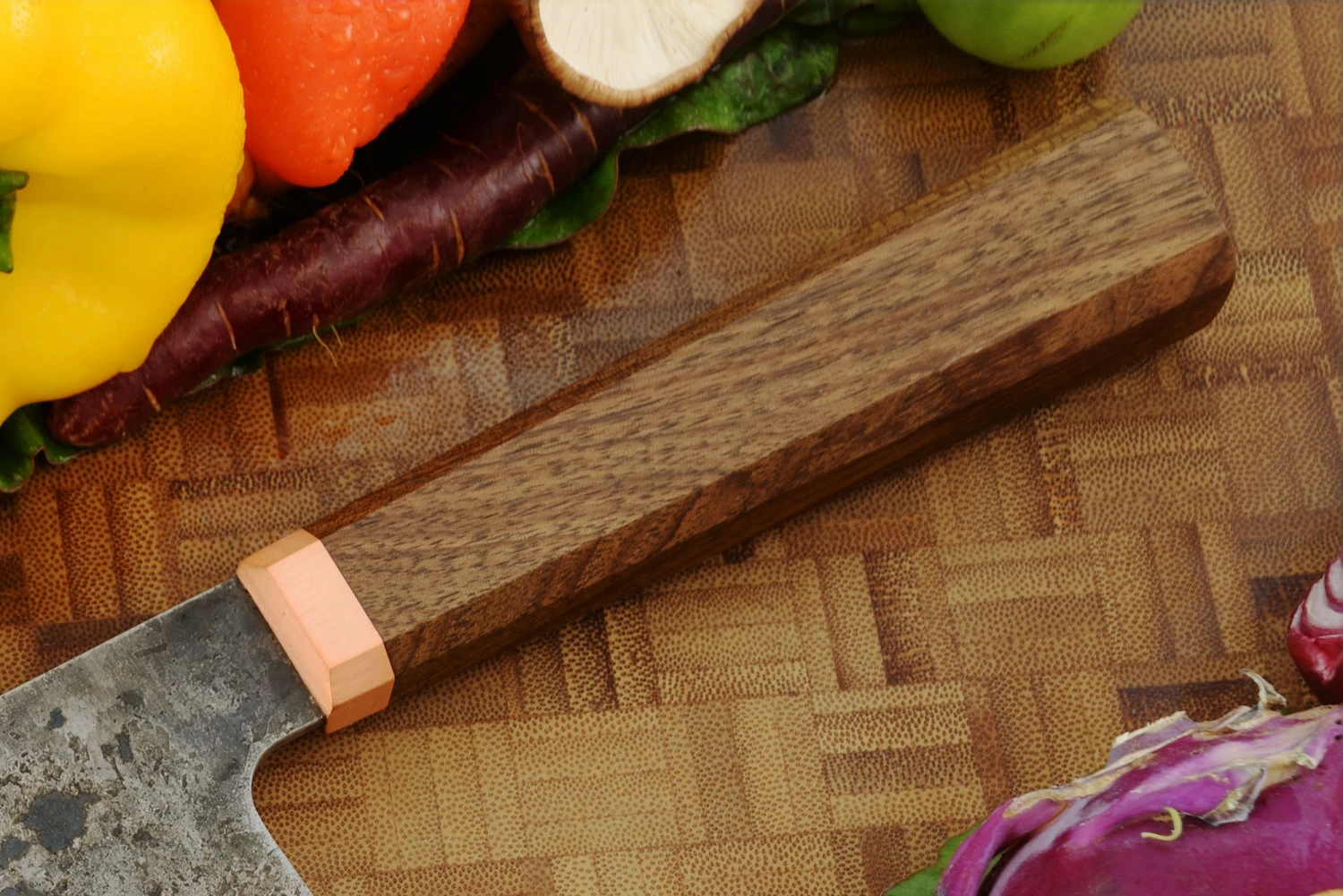 Damascus San Mai Nakiri (6 In.) With Walnut And Copper 5 Damascus San Mai Nakiri (6 In.) With Walnut And Copper - Image 5