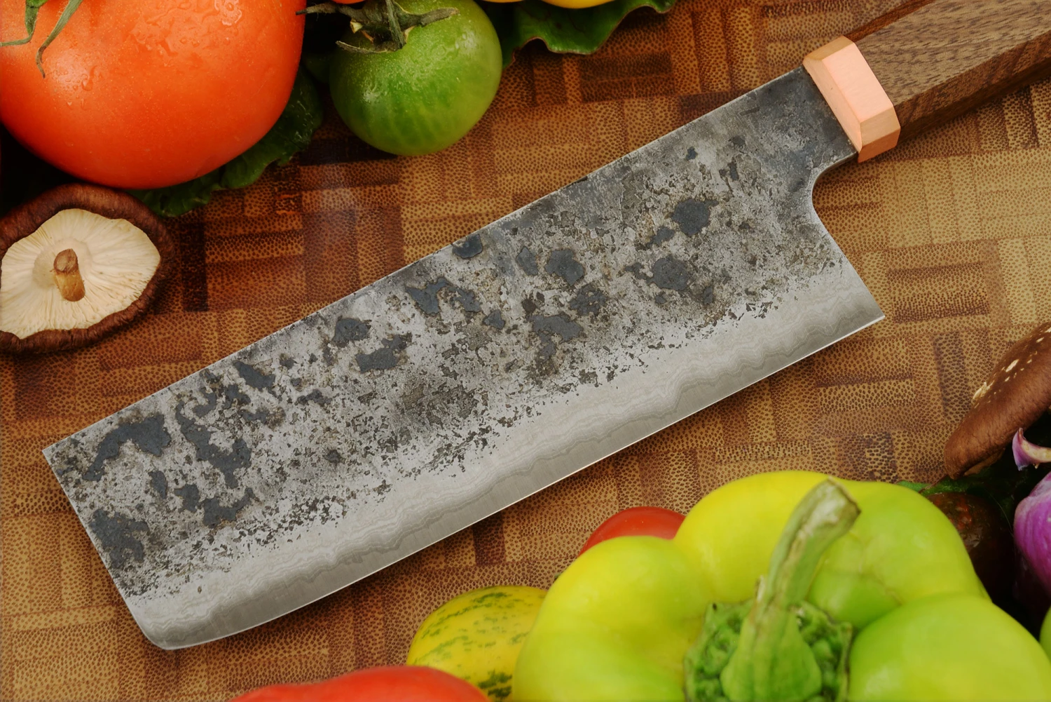 Damascus San Mai Nakiri (6 In.) With Walnut And Copper 6 Damascus San Mai Nakiri (6 In.) With Walnut And Copper - Image 6