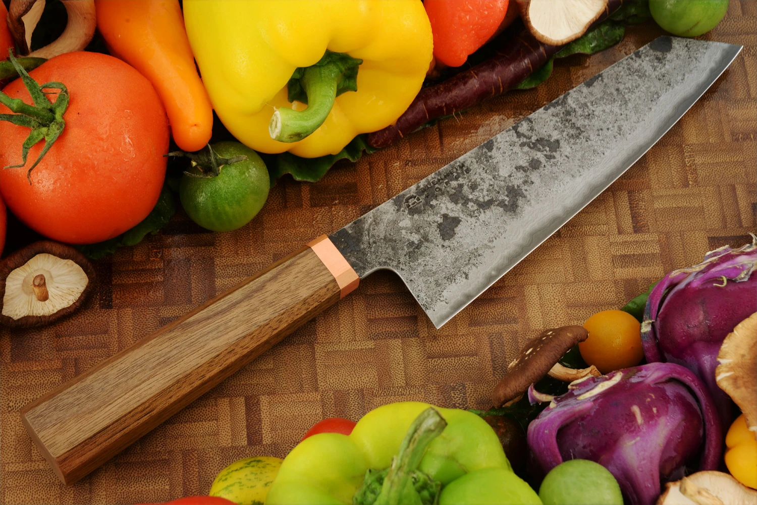 Damascus San Mai Santoku (7 In.) With Walnut And Copper 1 Damascus San Mai Santoku (7 In.) With Walnut And Copper