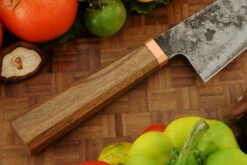 Damascus San Mai Santoku (7 In.) With Walnut And Copper 9 Damascus San Mai Santoku (7 In.) With Walnut And Copper -Optimal Knives Store 108917 3 x