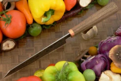 Damascus San Mai Santoku (7 In.) With Walnut And Copper 10 Damascus San Mai Santoku (7 In.) With Walnut And Copper -Optimal Knives Store 108917 4 x