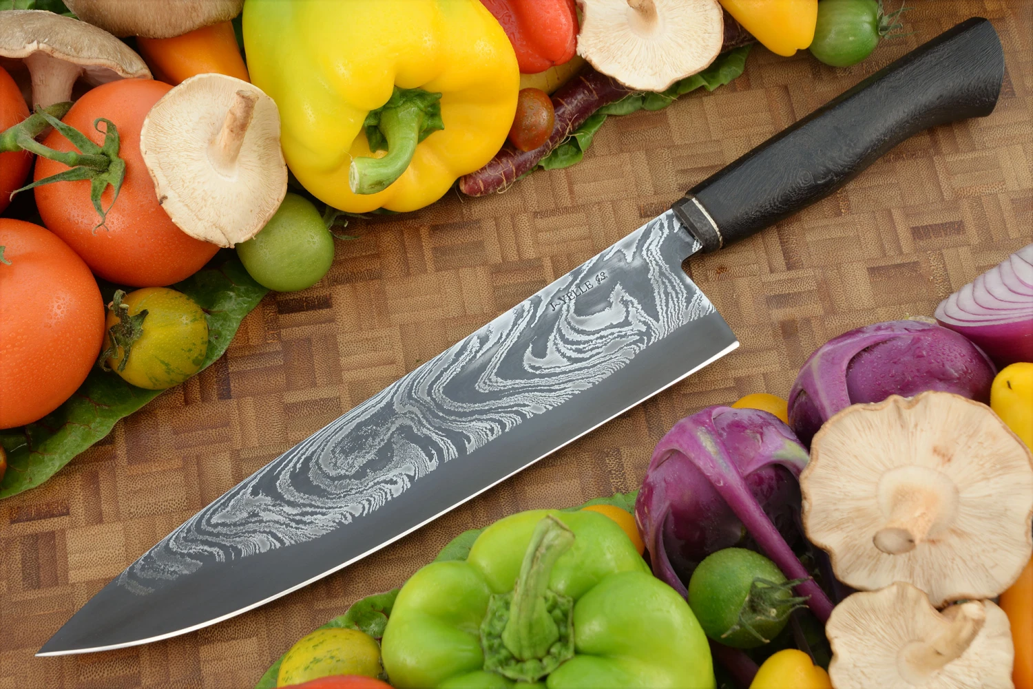 San Mai Damascus Chef's Knife (10 In.) With Torched Ironwood 1 San Mai Damascus Chef's Knife (10 In.) With Torched Ironwood