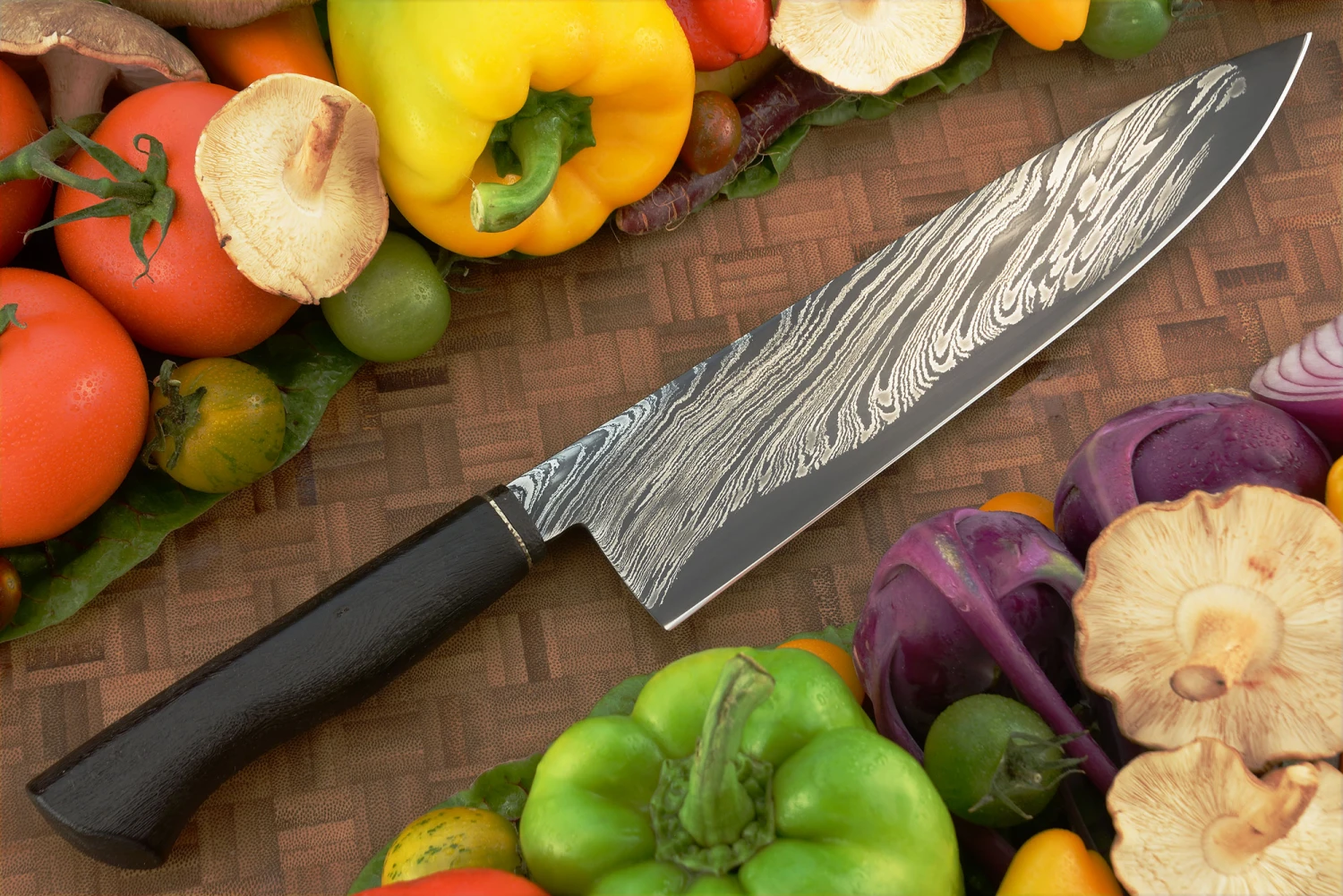 San Mai Damascus Chef's Knife (10 In.) With Torched Ironwood 7 San Mai Damascus Chef's Knife (10 In.) With Torched Ironwood - Image 7