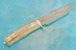 Feather Damascus Hunter With Walrus Ivory -Optimal Knives Store 109059 8 x