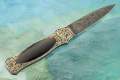 Engraved Interframe Backlock Folder With Black Jade And Damascus -Optimal Knives Store 109116 7 x