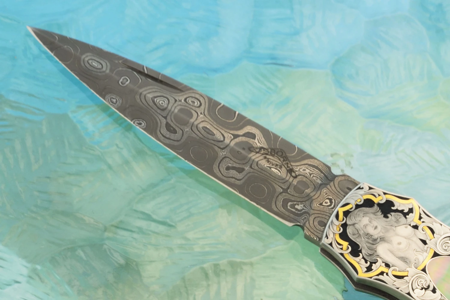 Damascus Backlock Interframe With Bulino Engraving And Blacklip Mother Of Pearl (Prototype) 2 Damascus Backlock Interframe With Bulino Engraving And Blacklip Mother Of Pearl (Prototype) - Image 2