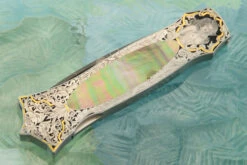 Damascus Backlock Interframe With Bulino Engraving And Blacklip Mother Of Pearl (Prototype) 9 Damascus Backlock Interframe With Bulino Engraving And Blacklip Mother Of Pearl (Prototype) -Optimal Knives Store 109118 3 x