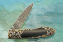 Damascus Backlock Interframe With Engraving, Gold, And Black Jade 11 Damascus Backlock Interframe With Engraving, Gold, And Black Jade -Optimal Knives Store 109120 5 x