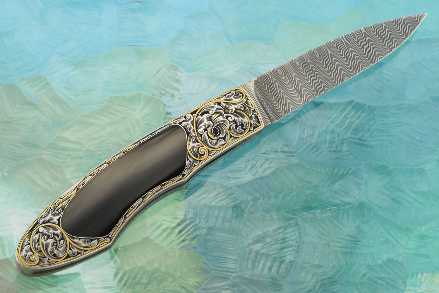 Damascus Backlock Interframe With Engraving, Gold, And Black Jade 7 Damascus Backlock Interframe With Engraving, Gold, And Black Jade - Image 7