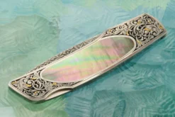 Engraved Backlock Interframe With Blacklip Mother Of Pearl, Damascus And Gold Inlay -Optimal Knives Store 109121 3 x