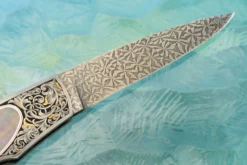 Engraved Backlock Interframe With Blacklip Mother Of Pearl, Damascus And Gold Inlay -Optimal Knives Store 109121 6 x