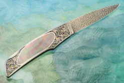 Engraved Backlock Interframe With Blacklip Mother Of Pearl, Damascus And Gold Inlay -Optimal Knives Store 109121 7 x