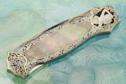 Damascus Backlock Interframe With Bulino Engraving And Blacklip Mother Of Pearl -Optimal Knives Store 109123 3 x