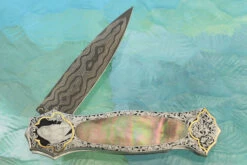 Damascus Backlock Interframe With Bulino Engraving And Blacklip Mother Of Pearl -Optimal Knives Store 109123 5 x