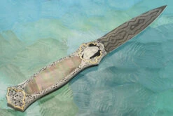 Damascus Backlock Interframe With Bulino Engraving And Blacklip Mother Of Pearl -Optimal Knives Store 109123 7 x