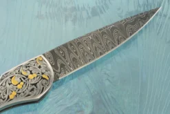 Engraved Auto Backlock Interframe With Blacklip Mother Of Pearl, Damascus And Gold Inlay -Optimal Knives Store 109124 6 x