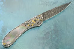 Engraved Auto Backlock Interframe With Blacklip Mother Of Pearl, Damascus And Gold Inlay -Optimal Knives Store 109124 7 x
