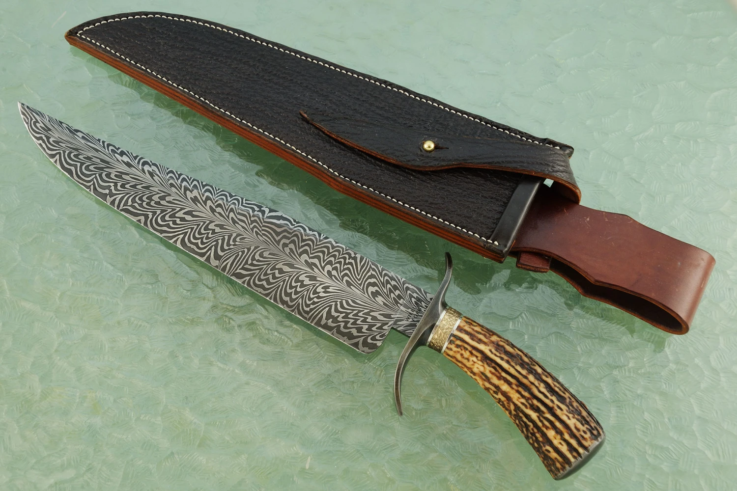 Feather Pattern Damascus Bowie With Sambar Stag And Wrought Iron 1 Feather Pattern Damascus Bowie With Sambar Stag And Wrought Iron