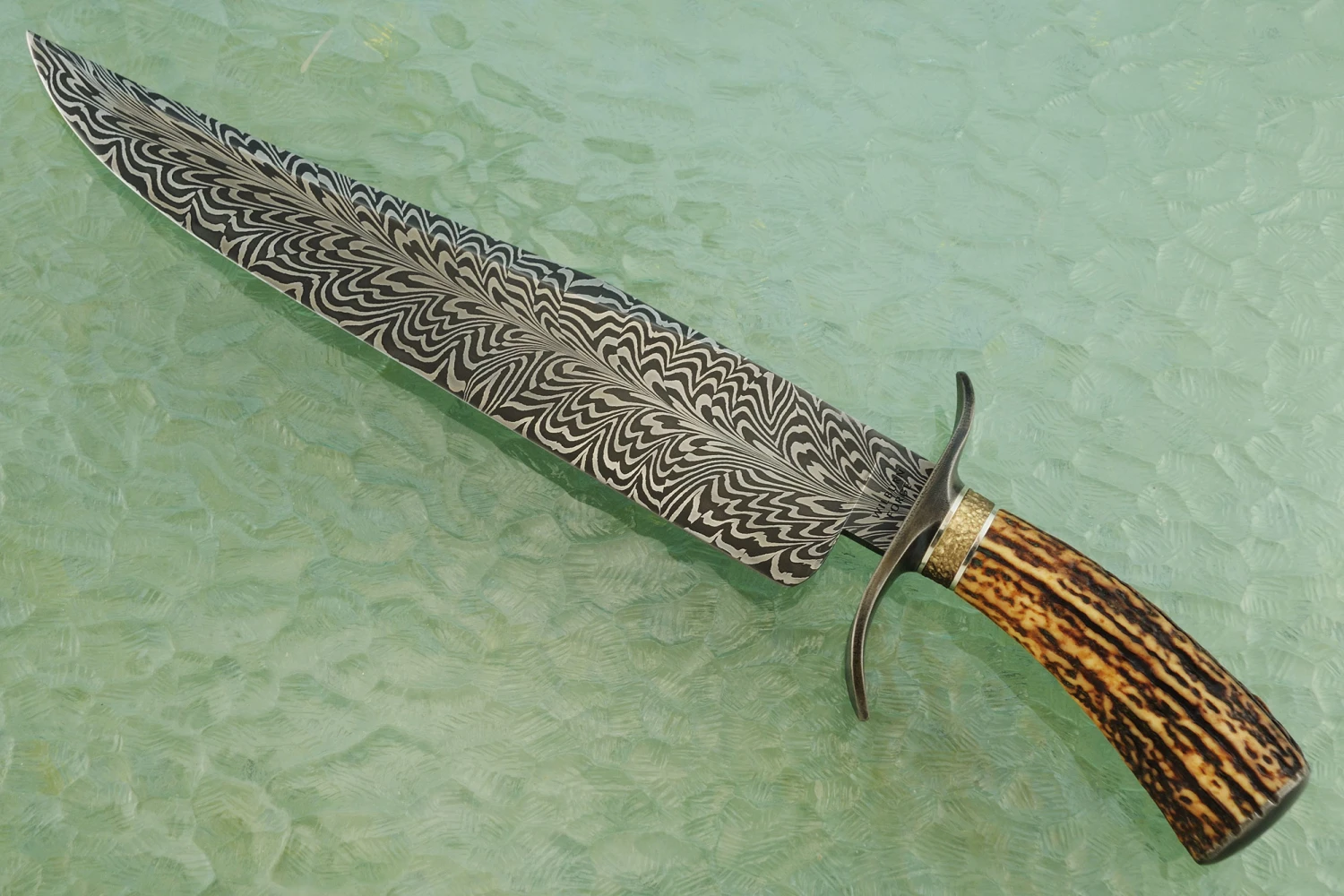 Feather Pattern Damascus Bowie With Sambar Stag And Wrought Iron 2 Feather Pattern Damascus Bowie With Sambar Stag And Wrought Iron - Image 2