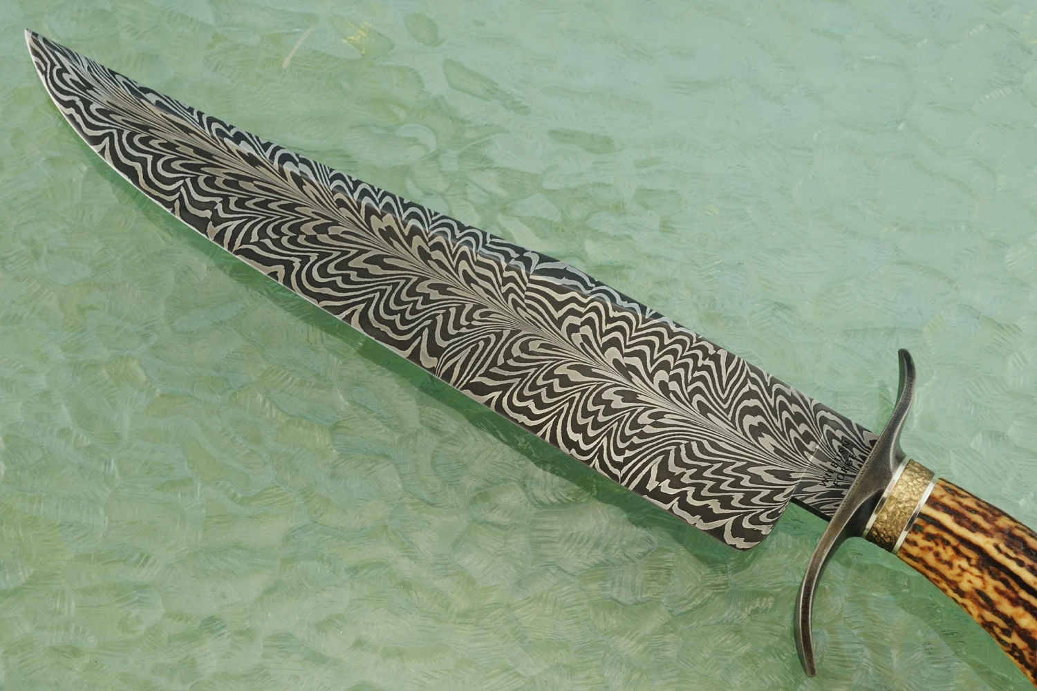 Feather Pattern Damascus Bowie With Sambar Stag And Wrought Iron 3 Feather Pattern Damascus Bowie With Sambar Stag And Wrought Iron - Image 3