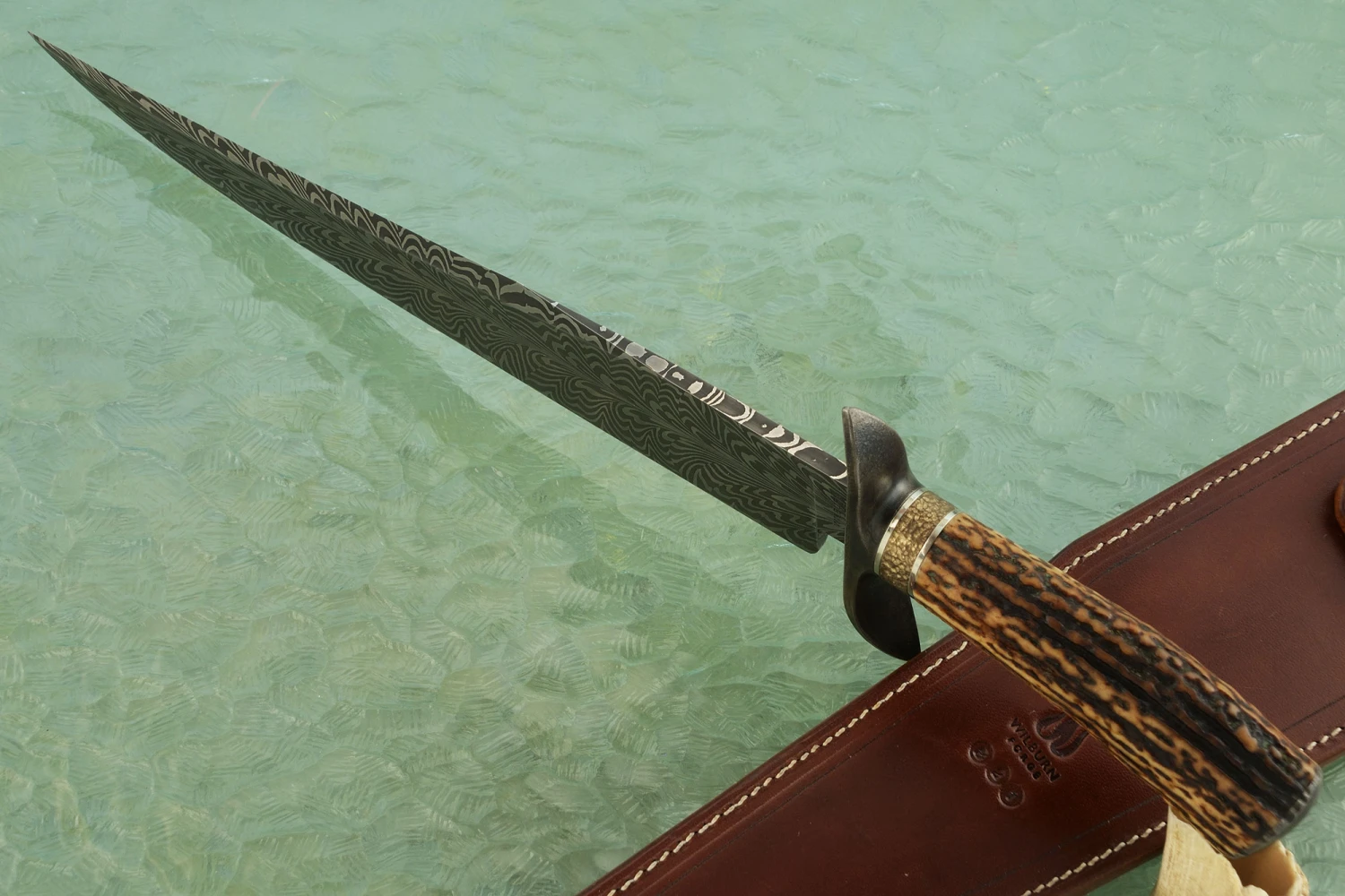 Feather Pattern Damascus Bowie With Sambar Stag And Wrought Iron 5 Feather Pattern Damascus Bowie With Sambar Stag And Wrought Iron - Image 5