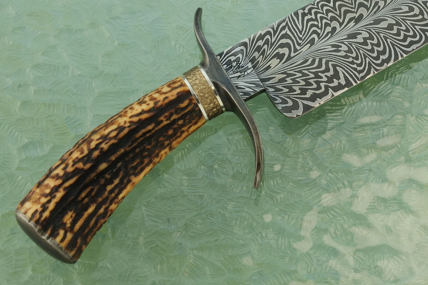 Feather Pattern Damascus Bowie With Sambar Stag And Wrought Iron 6 Feather Pattern Damascus Bowie With Sambar Stag And Wrought Iron - Image 6