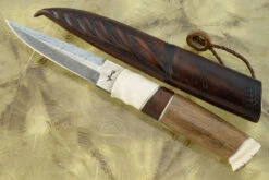 Damascus Puukko With Woolly Rhino Bone, Mammoth Ivory, Ironwood, And Reindeer Antler