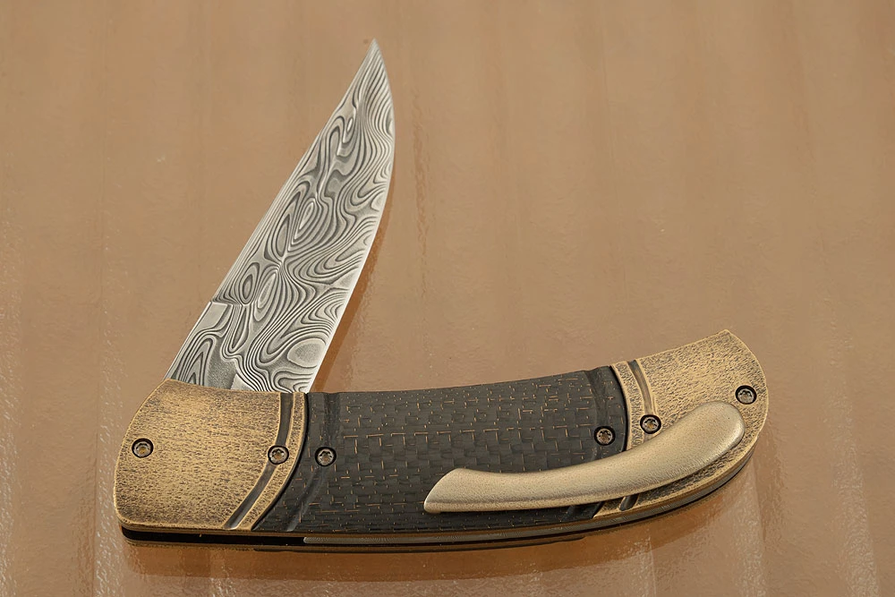 Damascus Flipper With Lightning Strike Carbon Fiber And Bronze 5 Damascus Flipper With Lightning Strike Carbon Fiber And Bronze - Image 5