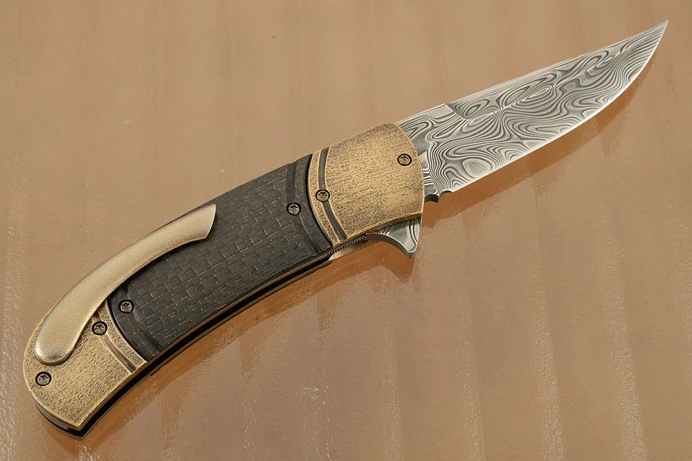 Damascus Flipper With Lightning Strike Carbon Fiber And Bronze 6 Damascus Flipper With Lightning Strike Carbon Fiber And Bronze - Image 6