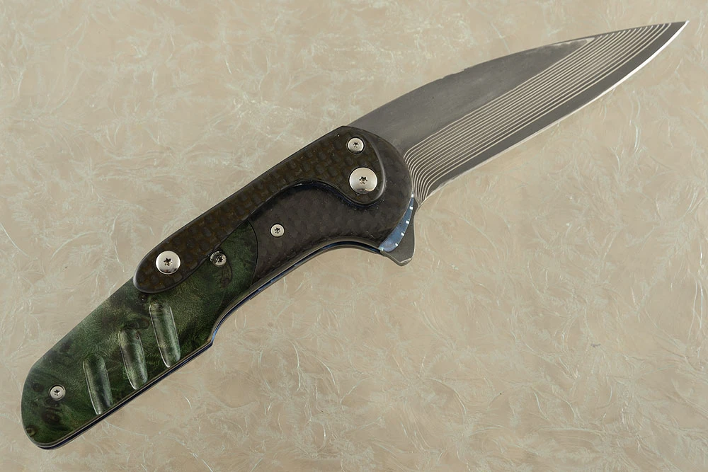 Offshore Pool Lock Flipper With Green Maple Burl, Carbon Fiber And San Mai Damascus 5 Offshore Pool Lock Flipper With Green Maple Burl, Carbon Fiber And San Mai Damascus - Image 5