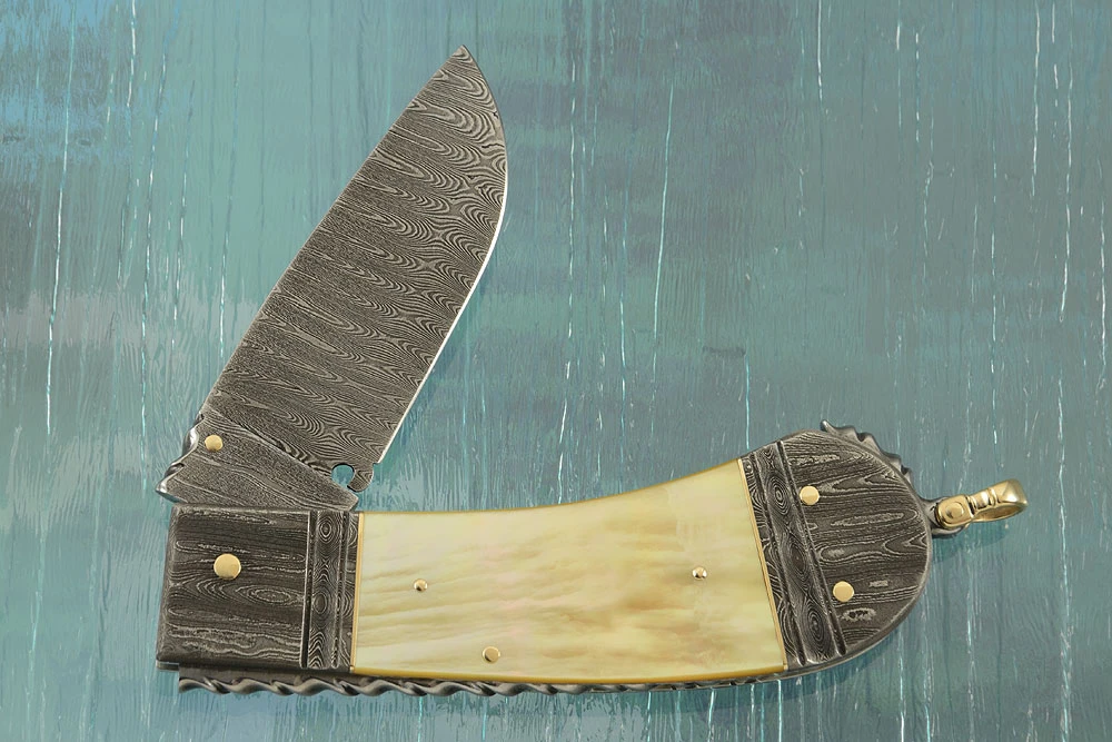 Damascus Lockback With Gold Lip Mother Of Pearl 5 Damascus Lockback With Gold Lip Mother Of Pearl - Image 5